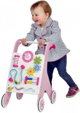 Дерев'яні ходунки-каталка з бізібордом Baby Walker Viga Toys 50178 рожеві