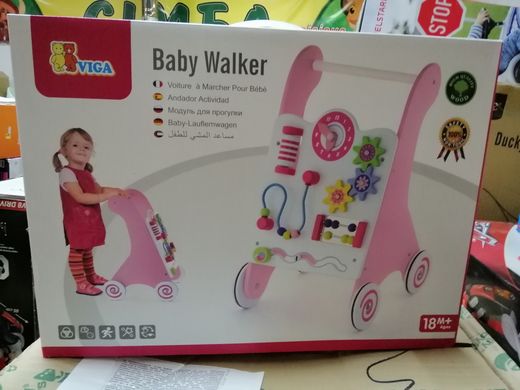 Дерев'яні ходунки-каталка з бізібордом Baby Walker Viga Toys 50178 рожеві