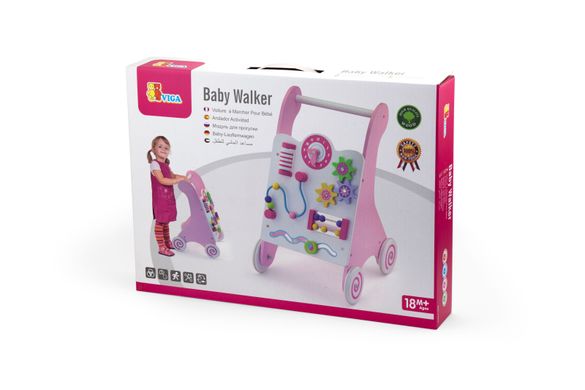 Дерев'яні ходунки-каталка з бізібордом Baby Walker Viga Toys 50178 рожеві