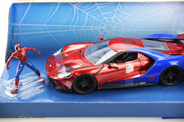 Металлическая машинка 2017 года Ford GT Marvel Spider-Man с фигуркой Человека-Паука 1:24 Jada Toys 253225002