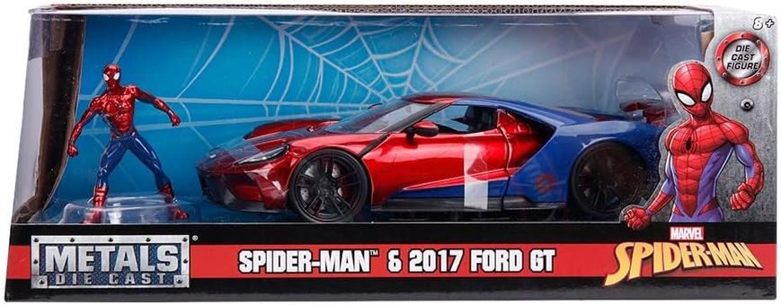 Металлическая машинка 2017 года Ford GT Marvel Spider-Man с фигуркой Человека-Паука 1:24 Jada Toys 253225002