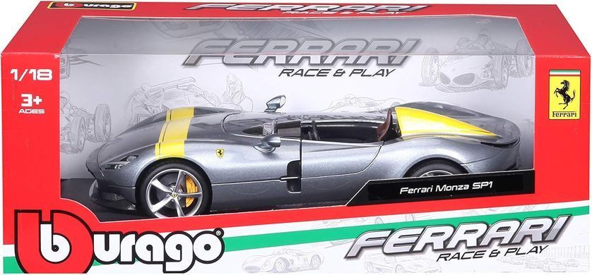 Металлическая одноместная модель авто 2019 Ferrari Monza SP1 grey metallic Bburago 18-16013 в масштабе 1/18