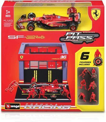 Игровой набор из серии Formula Pit Pass с болидом Ferrari SF-24 Bburago 18-36862 (#16) масштаб 1/43