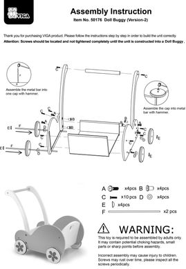 Дерев'яний візок-каталка для ляльки 2в1 Doll Buggy Viga Toys 50176 рожевий