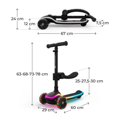 Складной самокат 2 в 1&nbsp;Kinderkraft Raket Up Black KRRAUP00BLK0000 RGB LED&nbsp;дека и колеса