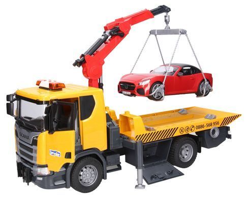 Эвакуатор Scania Super 560R (1:16) с краном-манипулятором и автомобилем Roadster Bruder 03552