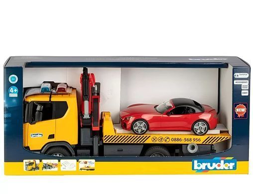 Эвакуатор Scania Super 560R (1:16) с краном-манипулятором и автомобилем Roadster Bruder 03552