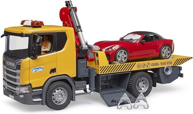 Эвакуатор Scania Super 560R (1:16) с краном-манипулятором и автомобилем Roadster Bruder 03552