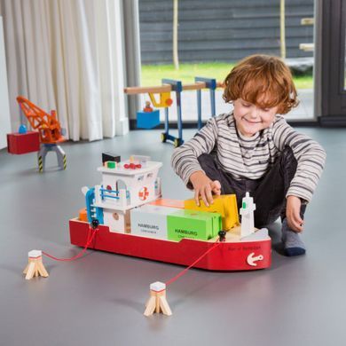 Дерев'яний ігровий набір Контейнерне судно з 4 контейнерами New Classic Toys 10900