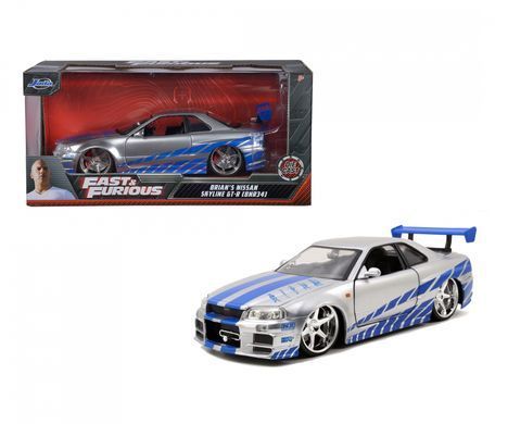 Металлическая машинка 1/24 Fast and Furious 2002 Brian's Nissan Skyline GT-R (BNR34) Jada Toys 9397158314R00