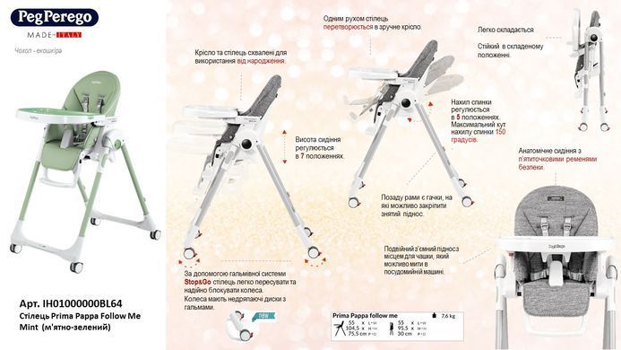 Стільчик для годування Prima Pappa Follow Me Mint Peg-Perego IH01000000BL64
